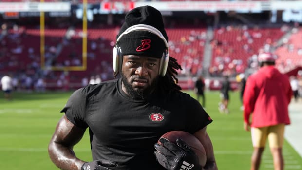 Oct 8, 2023; Santa Clara, California, USA; San Francisco 49ers wide receiver Brandon Aiyuk (11) warms up before the game against the Dallas Cowboys at Levi's Stadium. Mandatory Credit: Darren Yamashita-USA TODAY Sports  